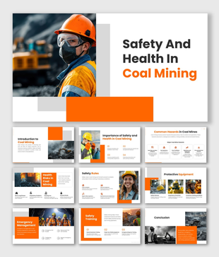 Safety and health in coal mining presentation with orange theme, hazard analysis, safety rules, and training slides.