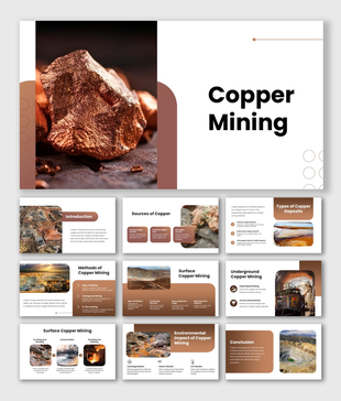 Copper mining presentation with brown theme, ore images, mining methods, deposits, and environmental impact slides.