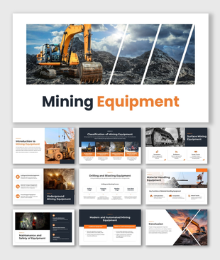 Mining equipment presentation with orange gray theme, heavy machinery images, equipment types and safety slides.