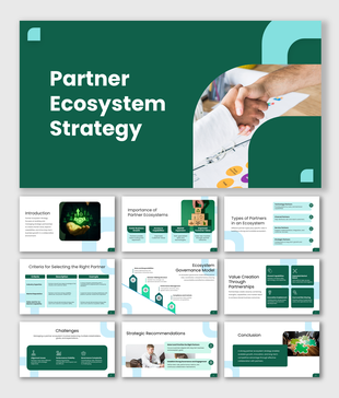 Partner Ecosystem Strategy presentation with green theme, collaboration models, partner types and governance slides.