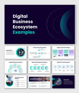 Digital business ecosystem examples presentation with dark theme, Amazon, Apple, Google models and success insights slides.