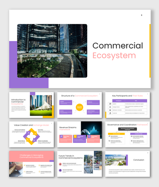 Commercial Ecosystem presentation with purple theme, value exchange model, revenue streams and governance slides.