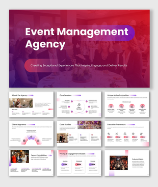 Event management agency slides with gradient colors, event images, icons, charts, and clean editable layouts for planning.
