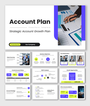 Account plan PPT with objectives, stakeholders, SWOT, strategy, growth opportunities, KPIs, and execution timeline.