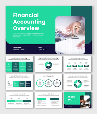 Financial accounting overview slides with green theme, charts, icons, and structured slides for business insights.
