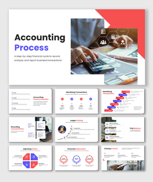 Accounting process presentation with clear steps, charts, icons, and clean layouts to explain financial workflows easily.