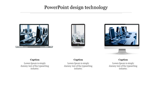 Technology slide featuring laptop, smartphone, and desktop images with captions below, on a white background.