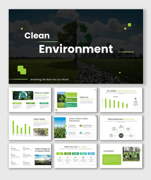 Clean environment presentation on air quality, clean water, recycling, green cities, and sustainable living.