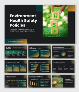 Environment health and safety policies presentation on workplace safety, risk control, compliance, and wellbeing