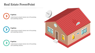 Isometric house illustration for real estate with a red roof, windows, and a satellite dish, paired with three caption areas.
