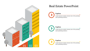 Real estate slide with 3D buildings in red, green, and yellow, paired with numbered triangles and captions on the right.