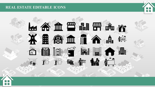 Black silhouette real estate icons over a backdrop of subtle house graphics placed in a grey background.
