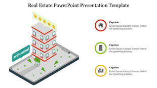 Real estate template featuring a 3D building with a five star sign and three captions with icons on the right.