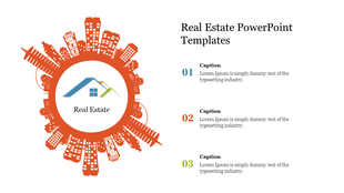 Real estate PowerPoint template with a circular design featuring a house icon in the center and city buildings around it.