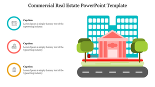 Real estate slide featuring an illustration of a building and trees, with three icons and caption areas on the left.