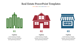 Real estate slide with icons in green, red, and blue, showcasing buildings, a house, and a shop with caption areas.