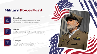 Military PowerPoint slide featuring an image of a soldier with U.S. flags and sections on discipline, strategy, and courage.