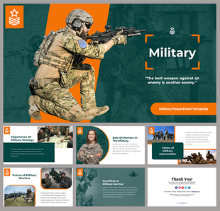 Slide deck, comprising twelve slides with orange and green themes, covers all topics related to the military.