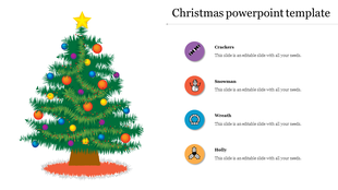 Christmas PPT slide featuring a decorated tree with colorful ornaments and sections for crackers, snowman, wreath, and holly.