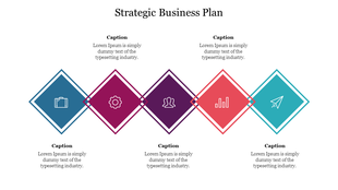 Horizontal layout featuring five interconnected diamond shaped icons for business planning and descriptive captions.