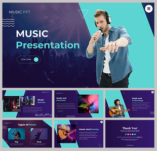 Music presentation slide showing a man with headphones and a microphone, with a concert crowd in the background.