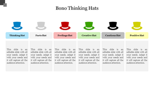 Bono thinking diagram featuring six labeled hats in blue, gray, red, green, black, and yellow with captions below.