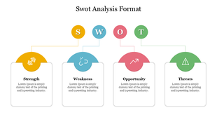 Infographic showcasing a horizontal layout for SWOT analysis with icons in yellow, blue, pink, and green circles.