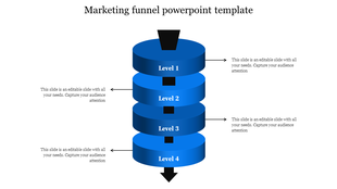 Marketing blue funnel slide with four levels, each showcasing arrows pointing in different directions with placeholder text.