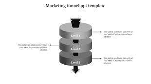 Marketing funnel PowerPoint template with three levels in grey tones, including arrows pointing in various directions.