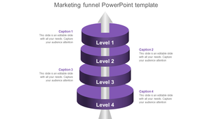 Purple four layer marketing funnel with Level 1 to Level 4 labels, central arrow, and captions on both sides.