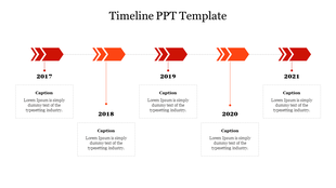 Timeline PowerPoint template with years from 2017 to 2021, each marked with arrows and captions.