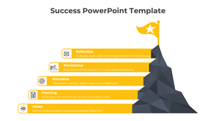 Mountain themed success template featuring five yellow steps symbolizing stages from vision to reflection, ending at a flag.
