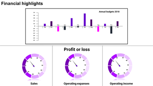 Financial highlights slide with bar chart and circular gauges tracking sales, operating income, and expenses.