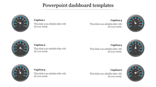 A set of six PowerPoint dashboard templates, each featuring a speedometer gauge with placeholder captions.