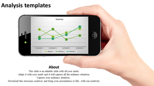 Hand holding a smartphone displaying a green line graph, with text and title placed below, on a white background.