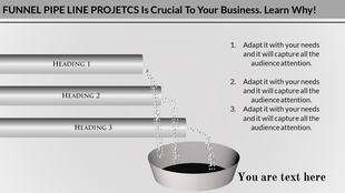 Pipeline chart with water droplets flowing from three horizontal pipes into a black container.