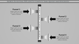 Sales pipeline PowerPoint template with four labeled funnels for efficient task completion with placeholder text.