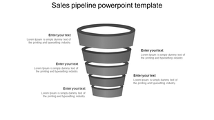 Sales pipeline slide with five gray funnel sections, each with space for text, and arranged vertically.