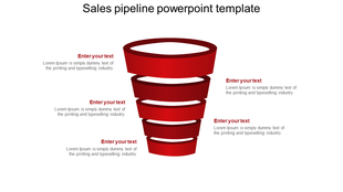PowerPoint slide showing a sales pipeline with red funnel stages for placeholder text on a white backdrop.