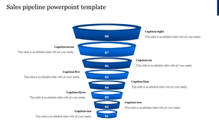 Blue funnel diagram with eight layers, each labeled numerically, representing stages in a sales pipeline process.
