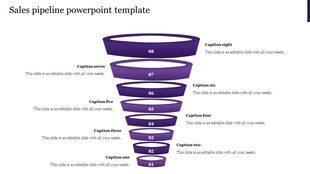 Sales pipeline PowerPoint template with multiple stages represented in a purple funnel format with captions.
