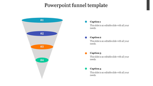 Funnel diagram with four levels labeled 01 to 04 in blue, purple, orange, and teal, paired with matching captions areas.