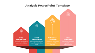Analysis PowerPoint template featuring four colorful stages from data interpretation to risk Assessment with icons.