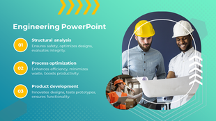 Engineering slide with a teal background featuring three numbered text and circular images of workers in hard hats.