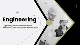 Engineering slide with workers in helmets, black-white background, geometric shapes, bold title, and text holders.