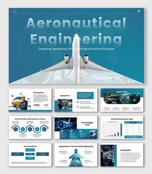 Aeronautical Engineering PPT with aircraft visuals, blue theme, charts, icons, text placeholders, and editable shape.