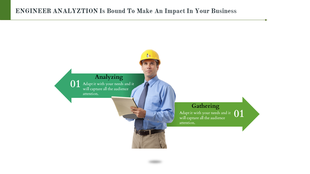 Engineer-focused slide with a figure in a yellow hard hat, flanked by green arrows denoting processes.