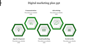 Template showing five green hexagons for various digital marketing steps, each with an icon and caption.