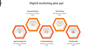Digital marketing plan slide with five hexagonal sections from app development to social media with icons.