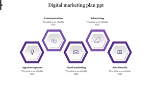 Digital marketing plan PPT slide with icons from app development to social media in purple hexagonal shapes.